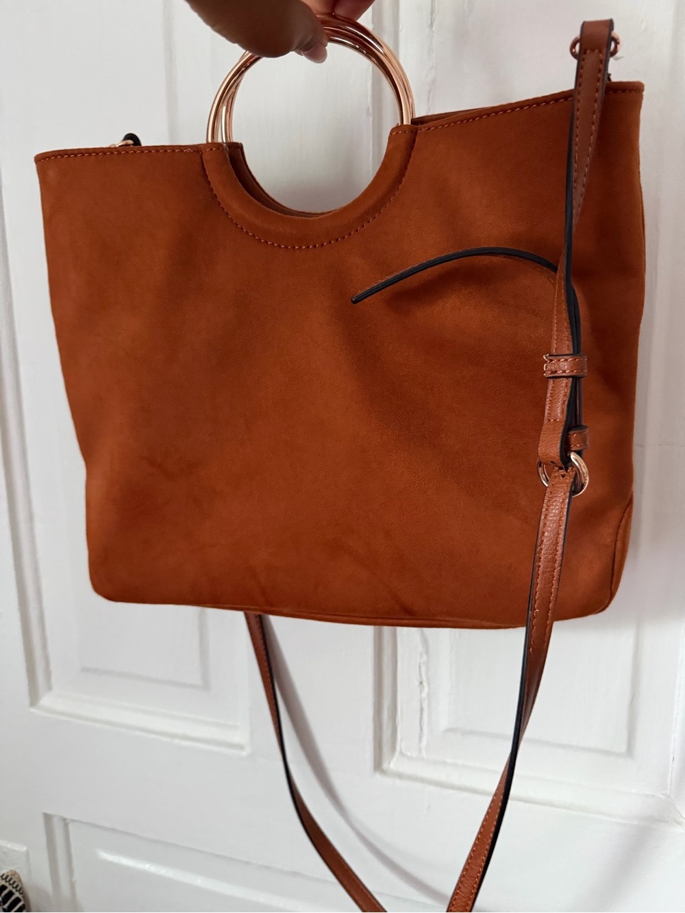 Women's Suede Shoulder Bag with Circular Gold Handles - Brown